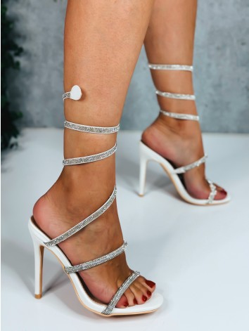 Dámske biele sandále so špirálovým remienkom a kamienkami