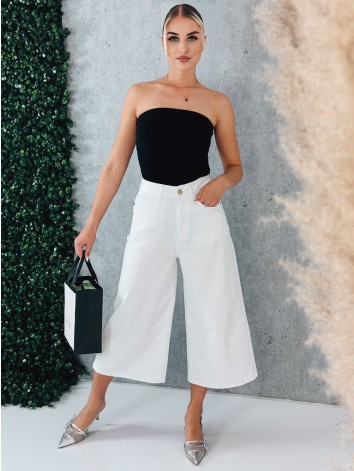 Dámske biele široké capri rifle s vysokým pásom