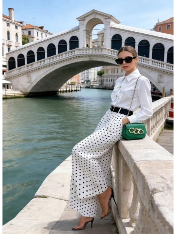 Dámske biele široké nohavice s opaskom na bodky Dubaj