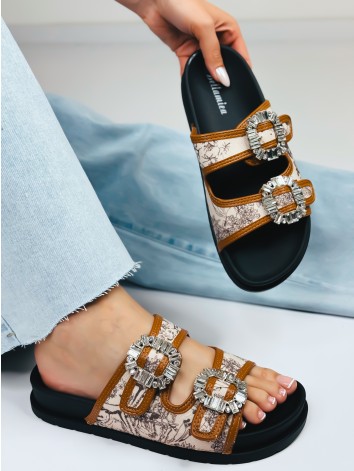Dámske camel šľapky na platforme Diomon