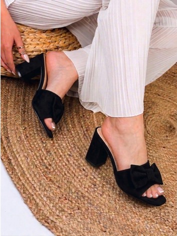 Dámske čierne elegantné semišové šľapky s mašľou na hrubom opätku
