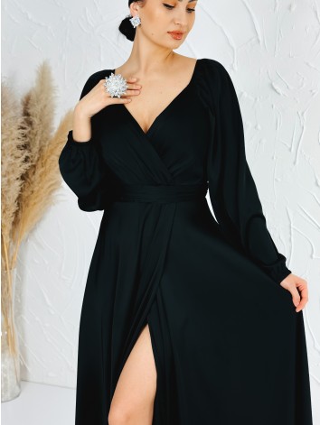 Dámske čierne dlhé spoločenské šaty s rozparkom pre moletky Olia