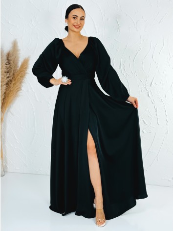 Dámske čierne dlhé spoloenské šaty s rozparkom pre moletky Olia