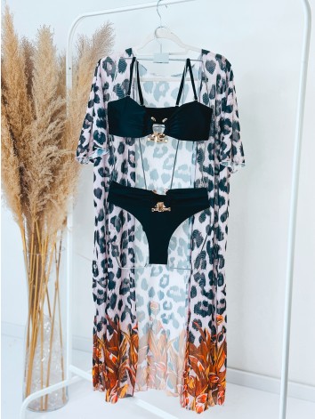 Dámske čierne dvojdielne plavky so zlatou aplikáciou + kimono