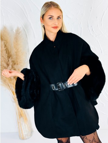 Dámske čierne elegantné pončo s odopínateľnou kožušinou na rukávoch