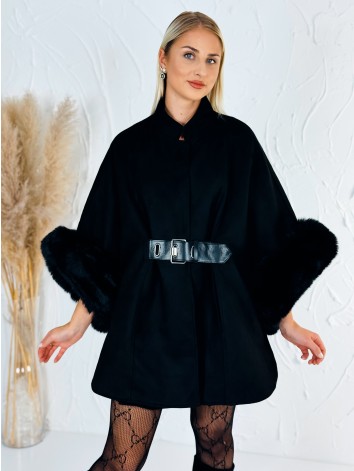 Dámske čierne elegantné pončo s odopínateľnou kožušinou na rukávoch
