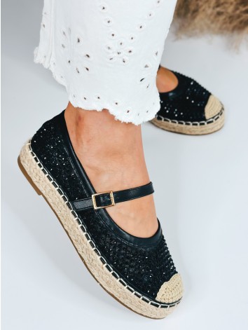 Dámske čierne espadrilky s remienkom a kamienkami