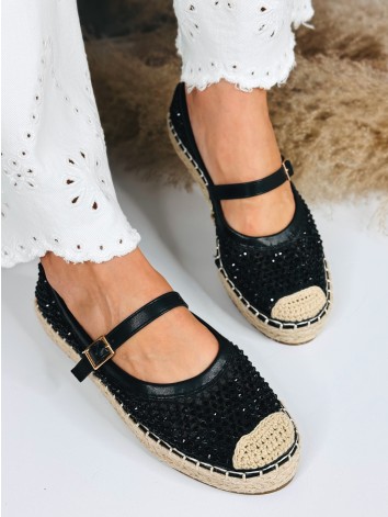 Dámske čierne espadrilky s remienkom a kamienkami
