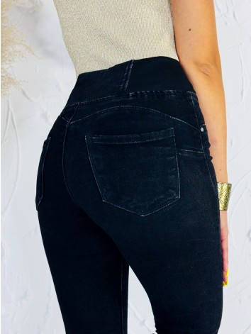 Dámske čierne jeggings s vysokým pásom na gumu – sťahovacie push-up skinny džínsy