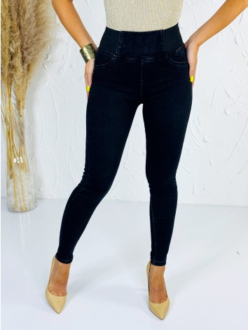Dámske čierne jeggings s vysokým pásom na gumu – sťahovacie push-up skinny džínsy