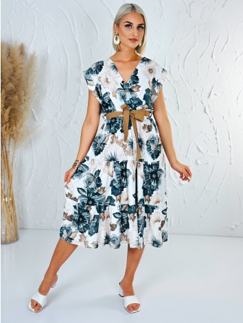 Dámske čierne kvetované šaty s hnedým opaskom