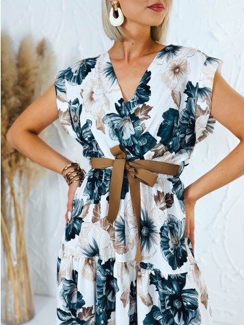 Dámske čierne kvetované šaty s hnedým opaskom