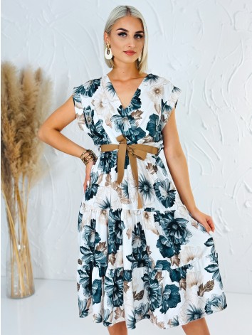 Dámske čierne kvetované šaty s hnedým opaskom