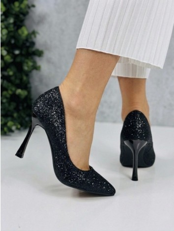 Dámske čierne trblietavé lodičky na čiernom opätku