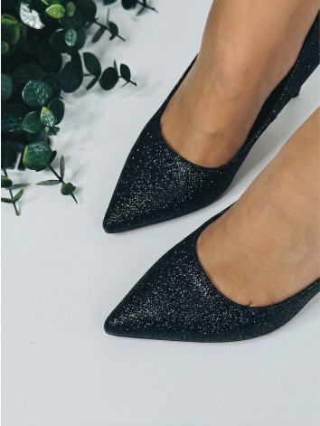 Dámske čierne trblietavé lodičky na čiernom opätku