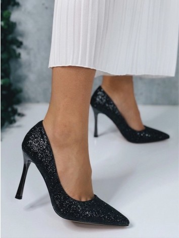 Dámske čierne trblietavé lodičky na čiernom opätku