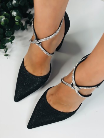 Dámske čierne sandále s hrubým opätkom a kamienkami Sandy