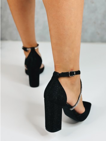 Dámske čierne sandále s hrubým opätkom a kamienkami Sandy