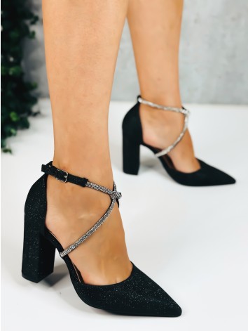 Dámske čierne sandále s hrubým opätkom a kamienkami Sandy