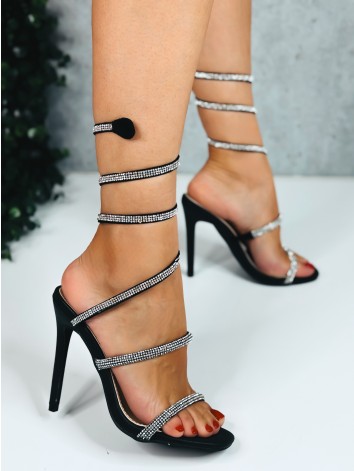 Dámske čierne sandále so špirálovým remienkom a kamienkami