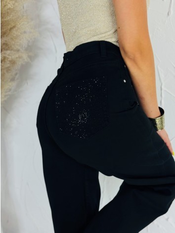 Dámske čierne široké džínsy so zdobenými vreckami | Wide-leg rifle s vysokým pásom