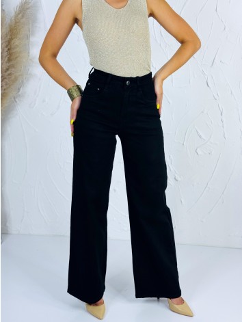 Dámske čierne široké džínsy so zdobenými vreckami | Wide-leg rifle s vysokým pásom
