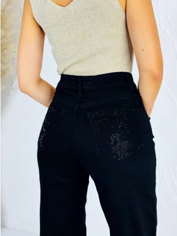 Dámske čierne široké džínsy so zdobenými vreckami | Wide-leg rifle s vysokým pásom