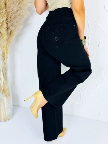 Dámske čierne široké džínsy so zdobenými vreckami | Wide-leg rifle s vysokým pásom