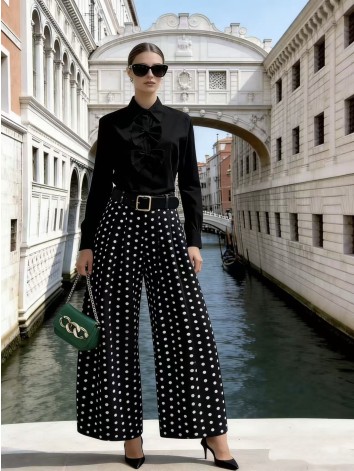 Dámske čierne široké nohavice s opaskom na bodky Dubaj