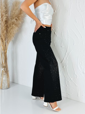 Dámske čierne široké rifle s kamienkami