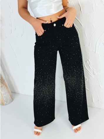 Dámske čierne široké rifle s kamienkami