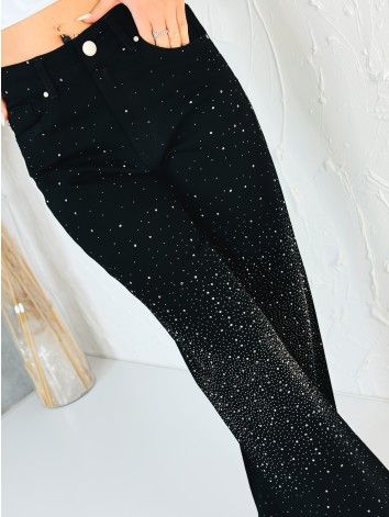 Dámske čierne široké rifle s kamienkami