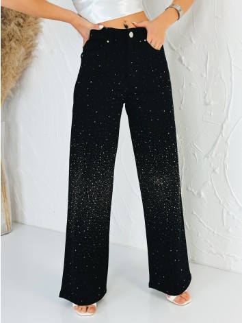 Dámske čierne široké rifle s kamienkami