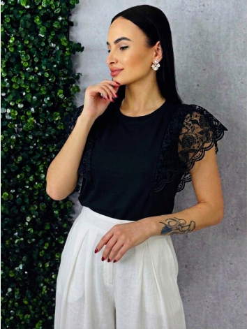 Dámske čierne tričko s čipkovanými rukávmi Alona