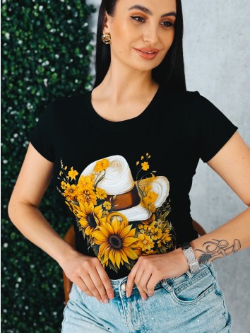Dámske čierne tričko s potlačou klobúka a slnečníc