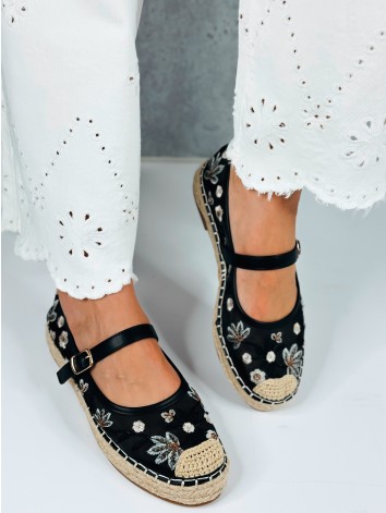 Dámske čierne vyšívané espadrilky s remienkom Mary