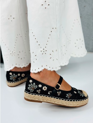 Dámske čierne vyšívané espadrilky s remienkom Mary