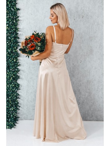 Dámske dlhé béžové spoločenské šaty na ramienka s rázporkom