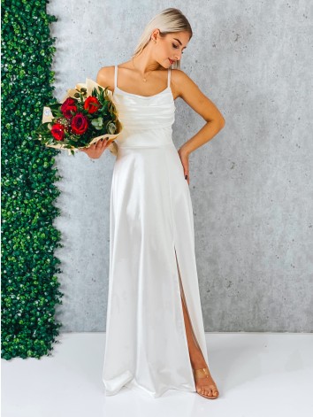 Dámske dlhé biele spoločenské šaty na ramienka s rázporkom