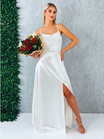 Dámske dlhé biele spoločenské šaty na ramienka s rázporkom