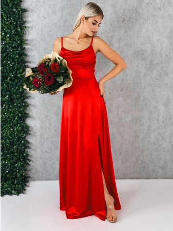 Dámske dlhé červené spoločenské šaty na ramienka s rázporkom
