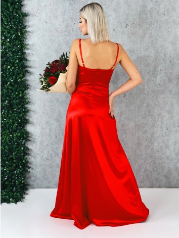 Dámske dlhé červené spoločenské šaty na ramienka s rázporkom