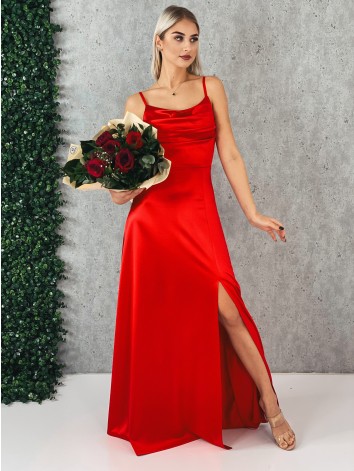 Dámske dlhé červené spoločenské šaty na ramienka s rázporkom