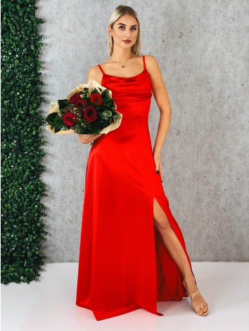 Dámske dlhé červené spoločenské šaty na ramienka s rázporkom