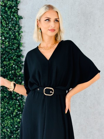 Dámske dlhé čierne elegantné šaty s opaskom a véčkovm výstrihom