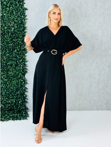 Dámske dlhé čierne elegantné šaty s opaskom a véčkovm výstrihom