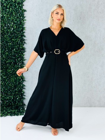Dámske dlhé čierne elegantné šaty s opaskom a véčkovm výstrihom
