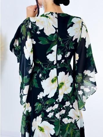 Dámske dlhé čierne kvetované spoločenské šaty flower