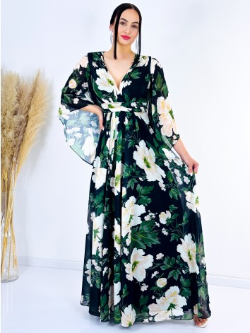 Dámske dlhé čierne kvetované spoločenské šaty pre moletky flower
