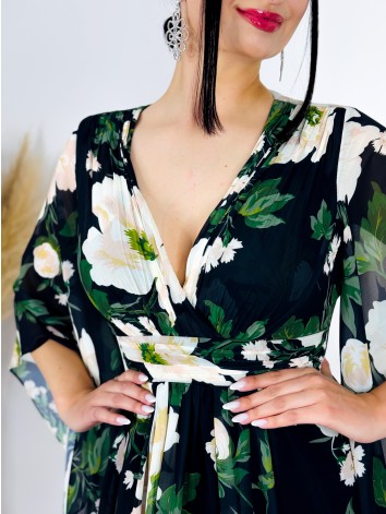 Dámske dlhé čierne kvetované spoločenské šaty pre moletky flower
